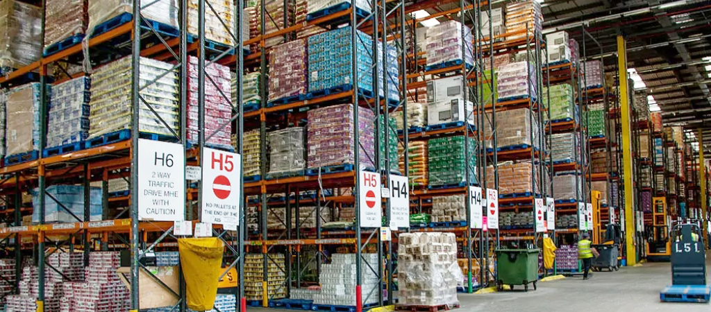 Grocery warehouse with colorful containers.