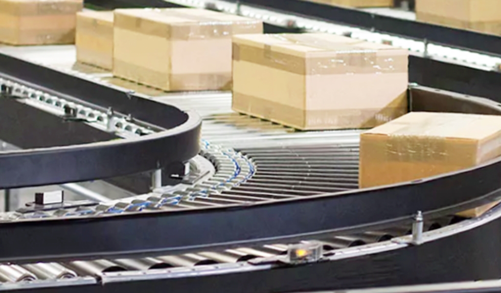 A conveyor system in a warehouse.