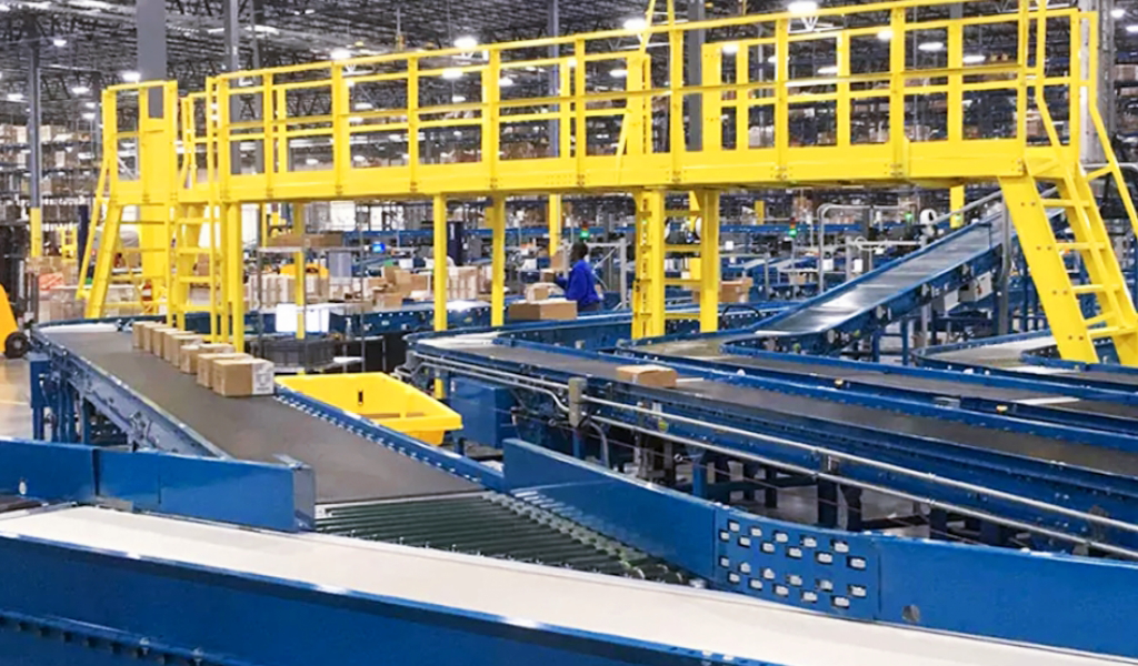 A mezzanine system in a warehouse.