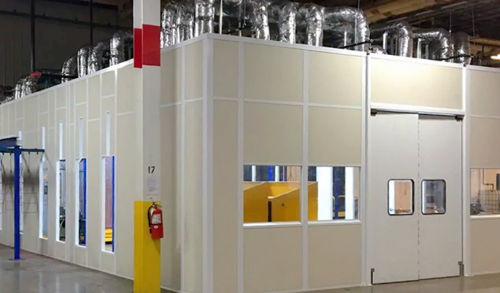 Modular buildings in a warehouse.