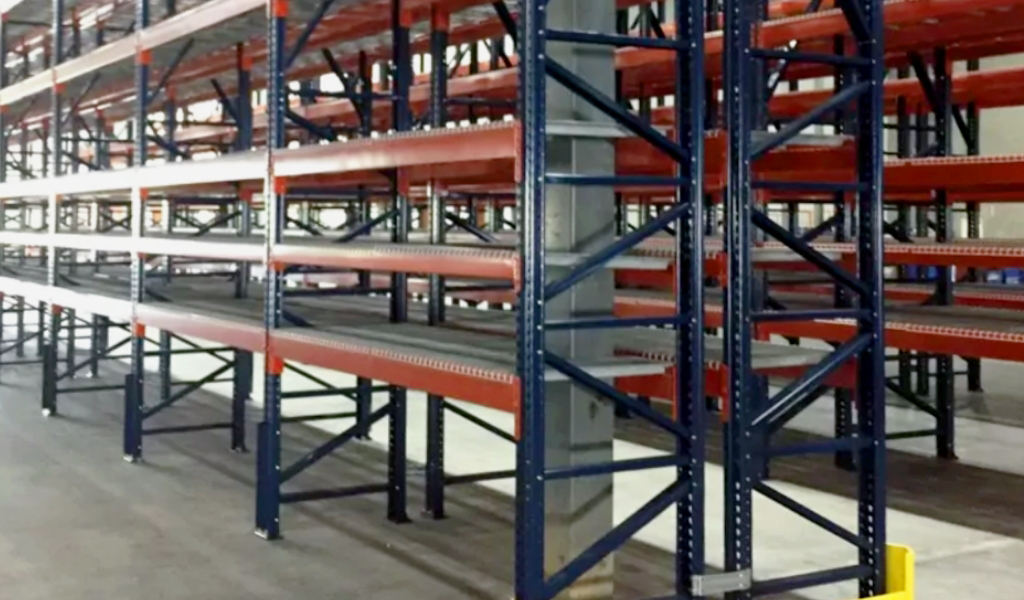 Storage rack systems in a warehouse.