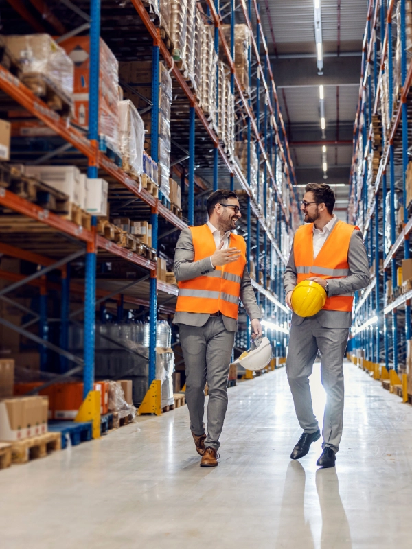 Two men in suits and orange safety vests walk through a warehouse aisle, discussing Turnkey Warehouse Projects as they hold hard hats. Shelves of boxes and products line both sides.
