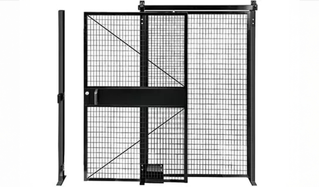A black metal wire mesh sliding gate with a rectangular frame and a horizontal support bar across the middle, ideal for use as Industrial Safety Guard Fencing.