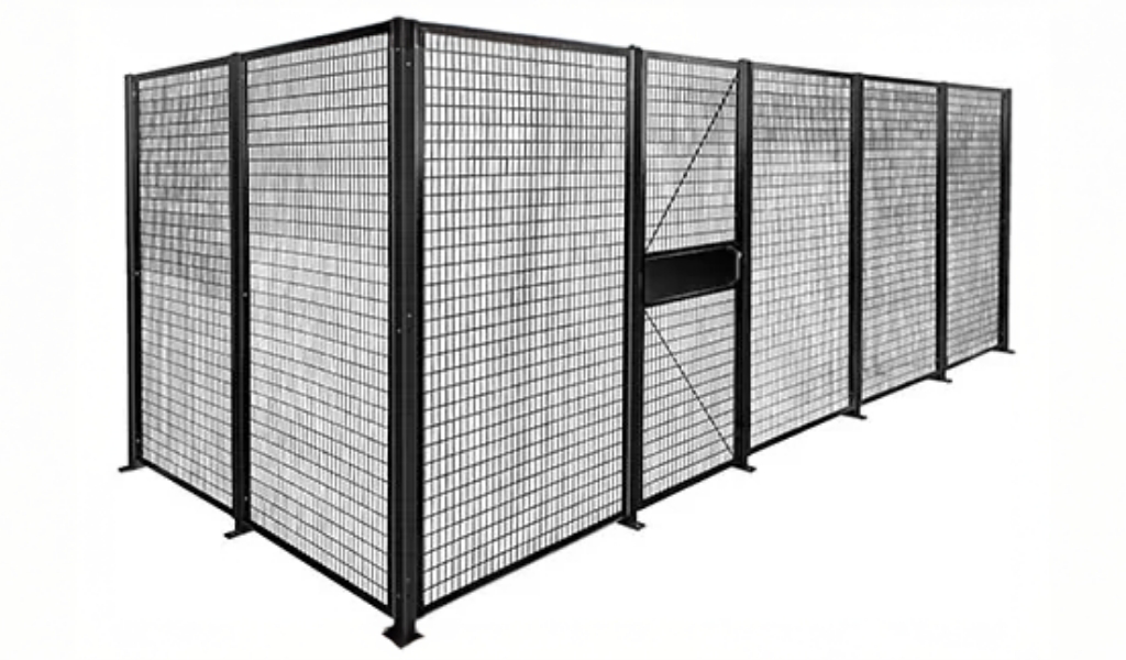 A large rectangular metal wire mesh enclosure with a door, supported by black metal frames on a white background, ideal for use as Industrial Safety Guard Fencing.