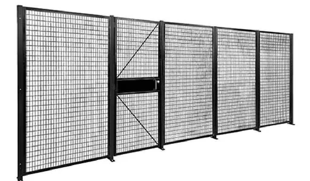 A black metal wire mesh Industrial Safety Guard Fencing system with a small access gate in the center panel, supported by sturdy vertical posts.
