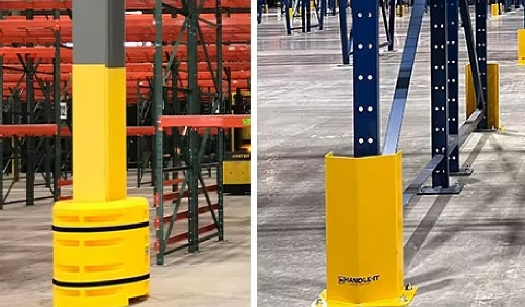 Two types of yellow Industrial Warehouse Safety Guarding are installed at the base of storage rack columns to prevent impact damage.