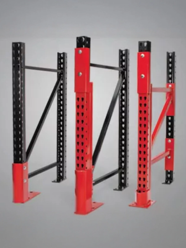 Three red and black metal shelving frames with various diagonal support bar configurations, ideal for use with Rack Repair Kits, are shown against a plain grey background.