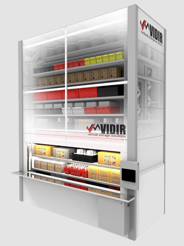 Automated vertical storage unit featuring multiple shelves and bins; branded with "Vidir vertical storage solutions," equipped with a digital control panel, and utilizing Vertical Carousels for efficient item organization.