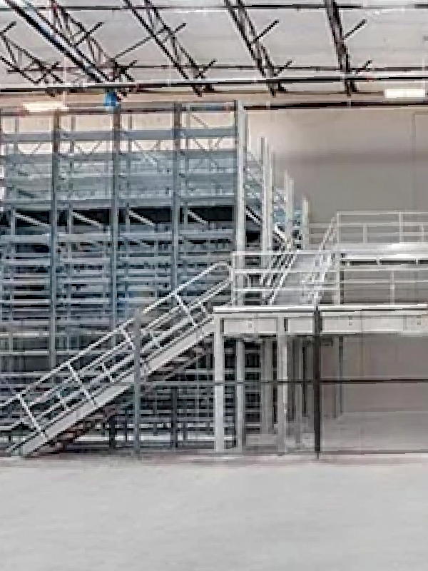 Large empty warehouse interior featuring industrial shelving, a metal mezzanine structure, stairs, and overhead lighting.