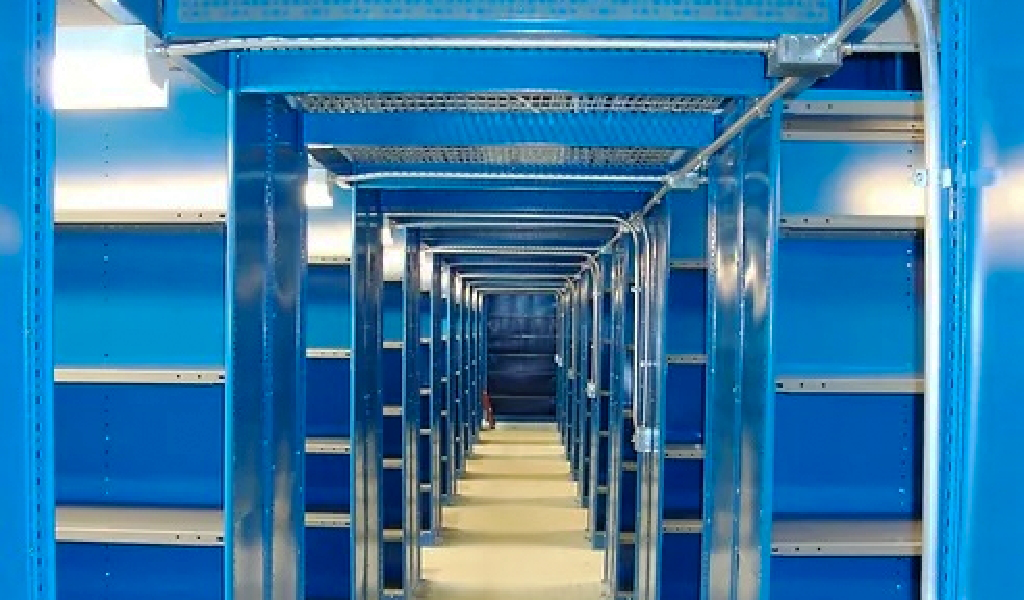 Empty blue metal industrial shelving units are arranged in parallel rows along a brightly lit corridor, creating a tunnel-like effect in an indoor storage facility.