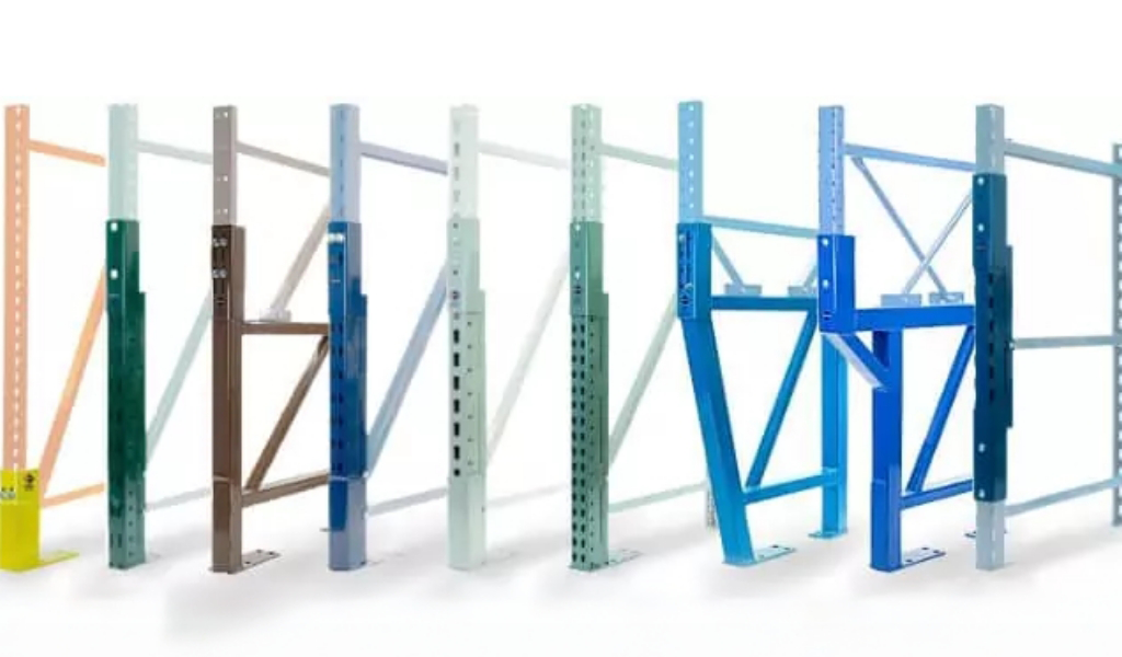 Six different types and colors of metal pallet rack uprights, including options compatible with Rack Repair Kits, are lined up vertically on a white background.