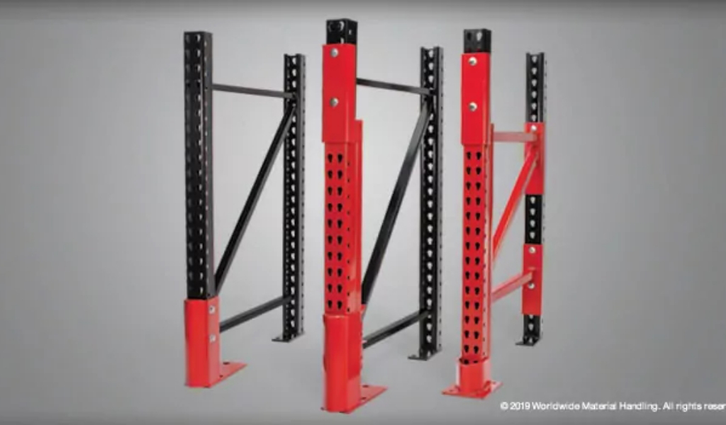 Three industrial steel rack uprights with red and black components are displayed side by side on a gray background, showcasing the durability and versatility of Rack Repair Kits.