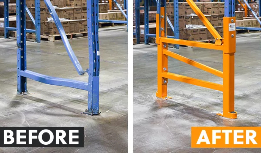 Side-by-side comparison of a damaged blue warehouse rack labeled "Before" and a repaired orange rack protector labeled "After," demonstrating the effectiveness of Rack Repair Kits.