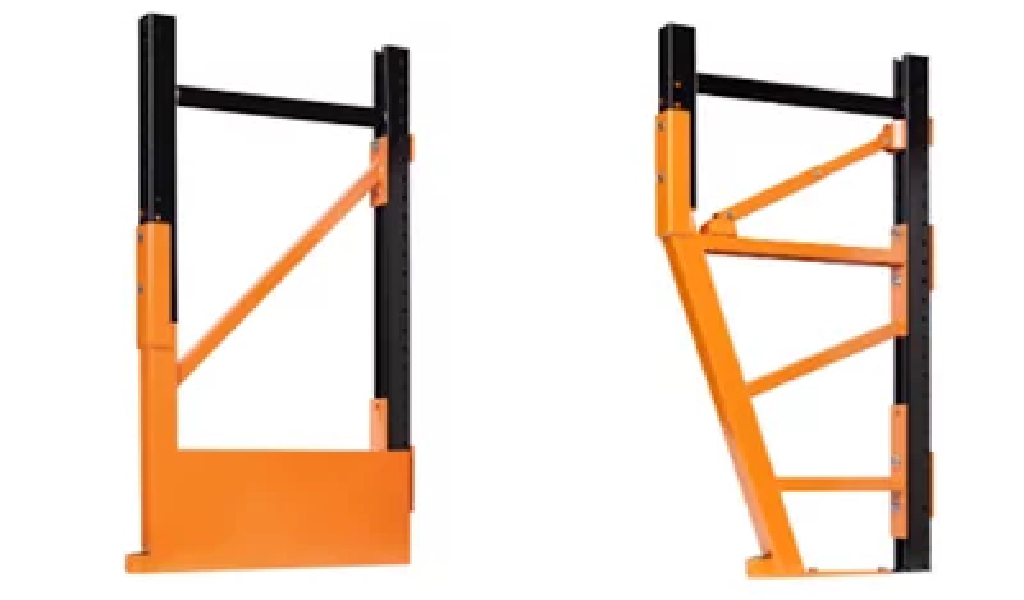 Two industrial racking upright frames, one vertical and one angled, both featuring orange and black metal components—compatible with most Rack Repair Kits for enhanced durability.