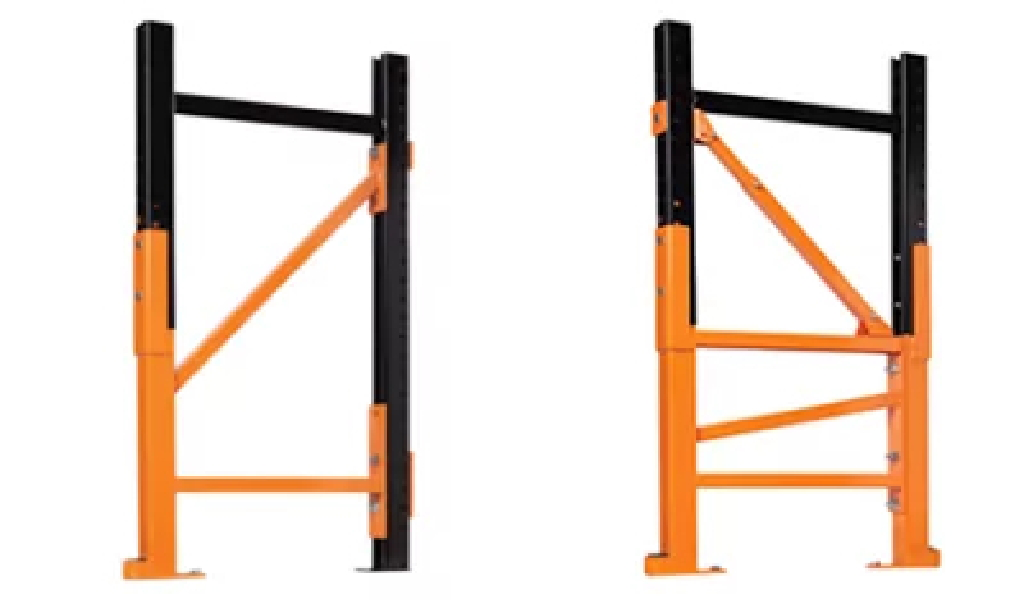 Two industrial metal shelf frames in black and orange, shown upright side by side, with diagonal and horizontal support bars—ideal for use with Rack Repair Kits.